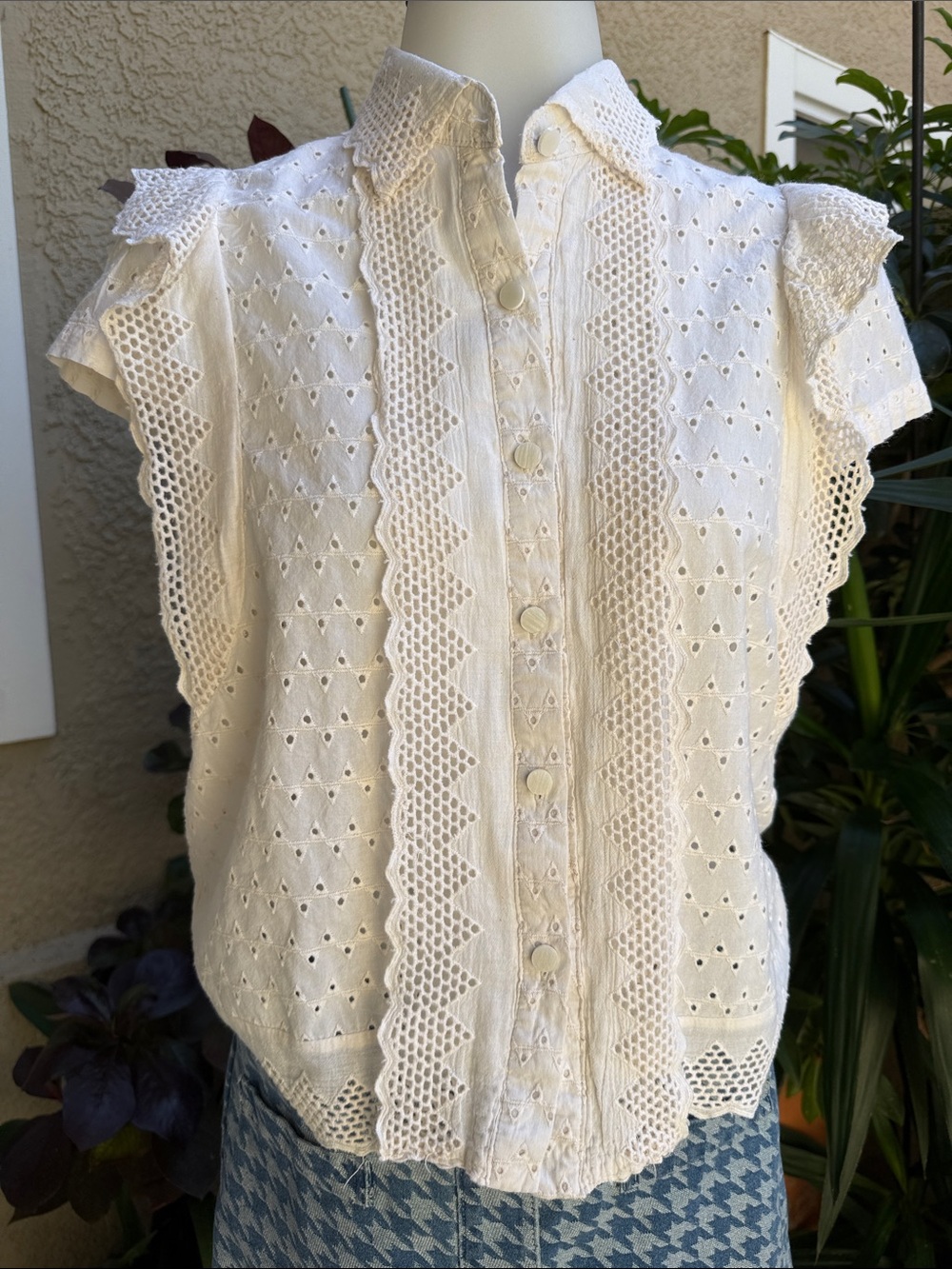 Vintage Cream Eyelet Lace Cotton Button-Front Top - Picture 3 of 12